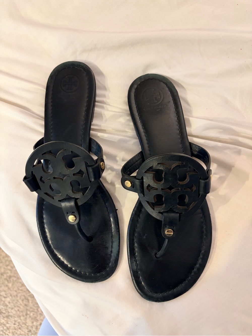 Tory Burch Black Leather Miller Logo Thong Sandals with Gold Studs